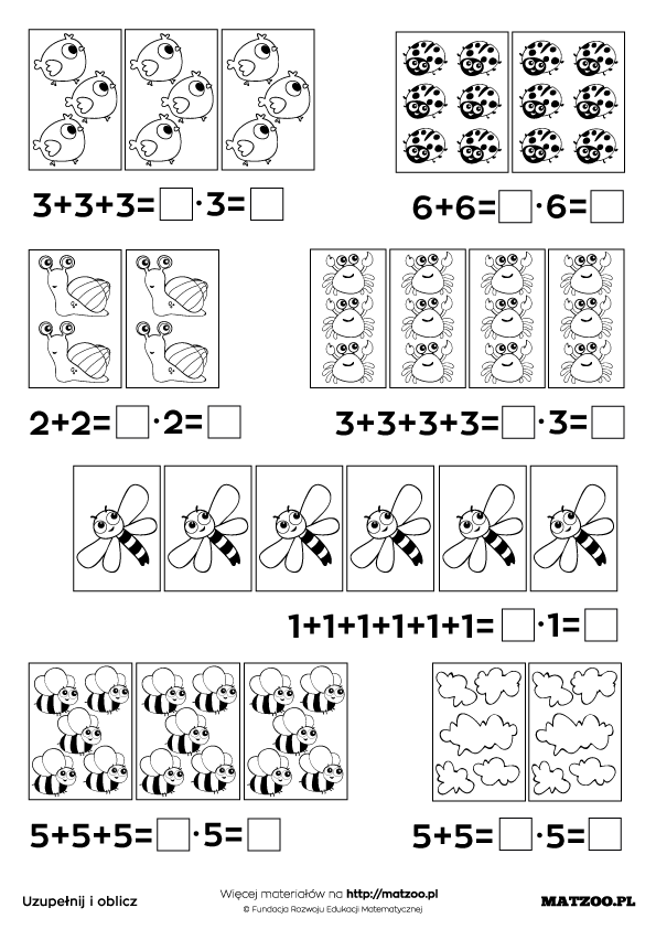 Zamień dodawanie w mnożenie karty pracy PDF do druku